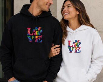 Colorful Floral LOVE Hoodie | Rainbow Paw Print Design