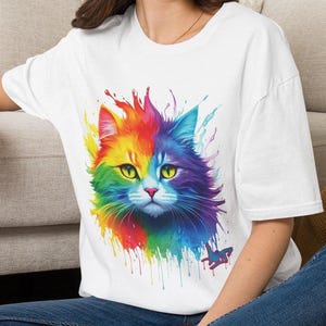 Rainbow Watercolor Cat T-Shirt | Colorful Kitty Tee