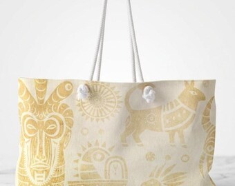 Golden Animal Motif Weekender Bag | Boho Safari Icons