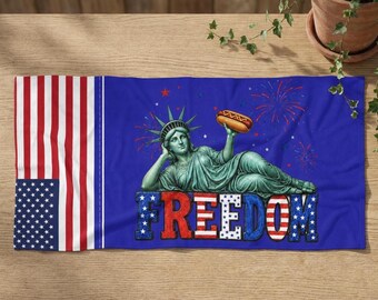 Liberty Statue with Hot Dog FREEDOM Beach Towel | American Flag, 4th of July