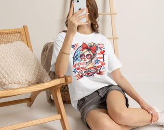 All American Girl graphic tee | Patriotic USA flag sunglasses, stars & hearts
