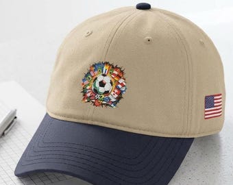 Soccer Ball Flower Wreath Baseball Cap | USA Flag Side Patches personalized with your country