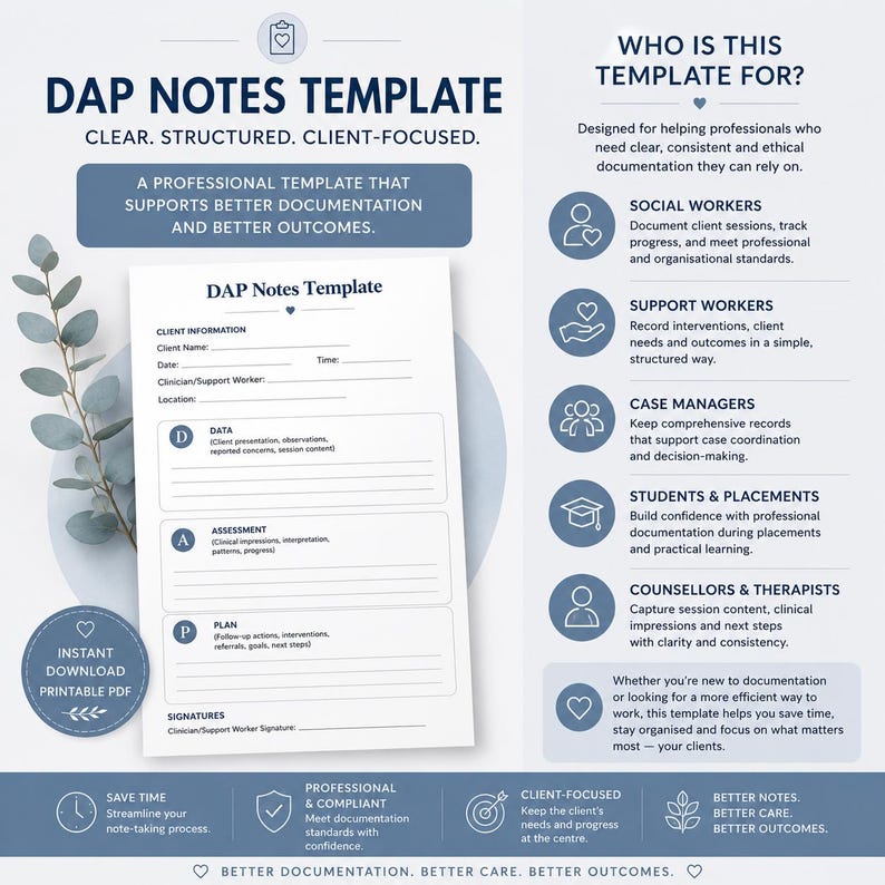 May include: A printable DAP Notes Template with a clear, structured design. The template supports better documentation and outcomes. It includes sections for client information, data, assessment, plan, and signatures. Ideal for social workers, support workers, case managers, students, and therapists.