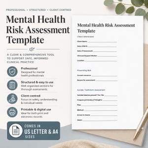May include: A Mental Health Risk Assessment Template document featuring sections for client information, presenting risk, and suicide or self-harm assessment. The white paper includes black text and lines for data entry, available in US Letter and A4 sizes.