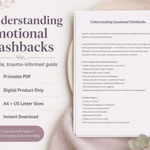 May include: A digital document titled Understanding Emotional Flashbacks, a trauma-informed guide. The text outlines emotional flashbacks, common signs, and triggers. It includes icons for PDF, digital product, A4 and US letter sizes, and instant download.