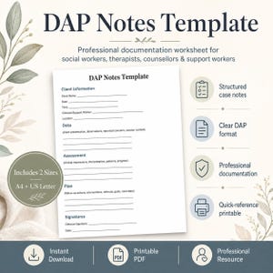 Może przedstawiać: Szablon notatek DAP do profesjonalnej dokumentacji z sekcjami na informacje o kliencie, dane, ocenę, plan i podpisy. Zawiera formaty A4 i US Letter oraz ikony ułatwiające drukowanie i tworzenie ustrukturyzowanych notatek.