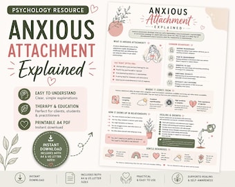 Infografía sobre el apego ansioso / PDF imprimible de psicología / Folleto sobre estilos de apego / Hoja de trabajo de terapia / Recurso de salud mental