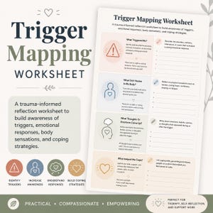 May include: A worksheet titled "Trigger Mapping Worksheet" with sections for identifying triggers, body sensations, and coping strategies. The design includes icons and text, promoting self-reflection and therapy. The worksheet is designed to build awareness of triggers, emotional responses, body sensations, and coping strategies.