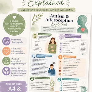 May include: An educational infographic titled Autism & Interoception Explained, featuring sections on body signals, daily life examples, and support strategies. The document includes illustrations of a brain, heart, and person, with text detailing interoception, sensory awareness, and emotional regulation for autistic individuals.