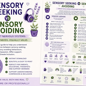 May include: A two-page educational infographic titled Sensory Seeking vs Sensory Avoiding. The document features purple and green text, illustrations of headphones and potted plants, and detailed charts explaining sensory processing differences.