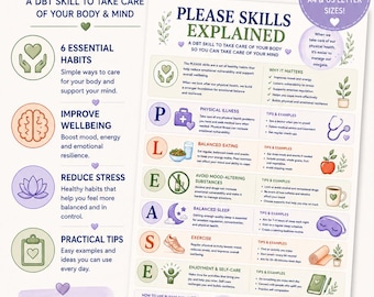 PLEASE Skills DBT Printable | Emotional Regulation Infographic | Self-Care Poster | Therapy Resource | Mental Health PDF