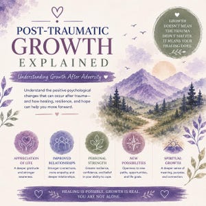 Może przedstawiać: Edukacyjna infografika zatytułowana Post-Traumatic Growth Explained, przedstawiająca akwarelowy krajobraz górski. Zawiera tekst o zmianach psychologicznych, pięć okrągłych ikon reprezentujących aspekty życia oraz inspirujące cytaty w kolorze fioletowym i zielonym.