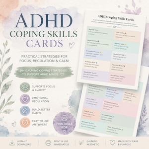 May include: ADHD coping skills cards with practical strategies for focus, regulation, and calm. The cards feature calming strategies to support ADHD minds. Includes printable PDF, instant download, and calming aesthetic.