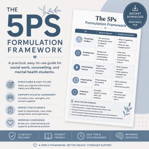 May include: A white and blue printable PDF titled "The 5Ps Formulation Framework." It's a guide for social work, counseling, and mental health students. The framework includes sections on presenting problems, predisposing factors, and more.
