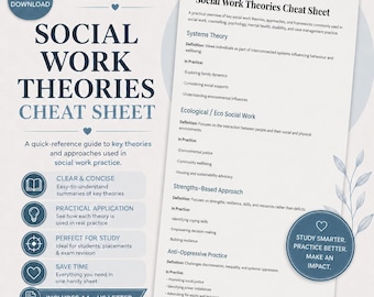 May include: A digital document titled Social Work Theories Cheat Sheet by ClientCareCollective. It outlines Systems Theory, Ecological Social Work, Strengths-Based Approach, and Anti-Oppressive Practice with definitions and practical applications.