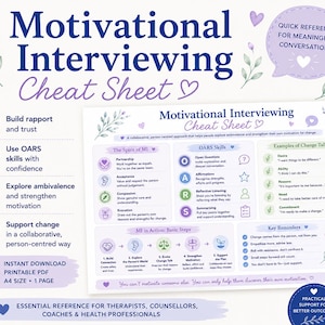 Motivational Interviewing Cheat Sheet | OARS Skills Guide | Social Work Resource | Counselling & Therapy Tool |Cheat Sheet