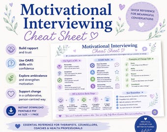 Motivational Interviewing Cheat Sheet | OARS Skills Guide | Social Work Resource | Counselling & Therapy Tool |Cheat Sheet