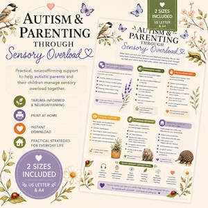 以下が含まれることがあります： 「Autism & Parenting Through Sensory Overload」と題されたデジタル情報ポスター。鳥、蝶、花の植物イラストが描かれています。このドキュメントは、USレターサイズとA4サイズで感覚的ニーズを管理するための実践的な戦略を提供しています。