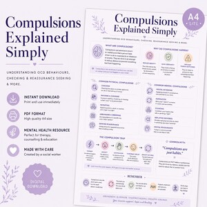 May include: An A4 size educational infographic titled Compulsions Explained Simply, featuring sections on OCD behaviors, physical and mental compulsions, the compulsion trap cycle, and common myths, all presented in a clean layout with purple accents.