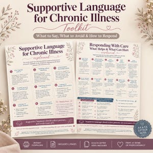 May include: A two-page digital toolkit titled Supportive Language for Chronic Illness, featuring sections on what to say, what to avoid, and how to respond. The documents include numbered lists, explanatory text, and floral illustrations in dark purple.