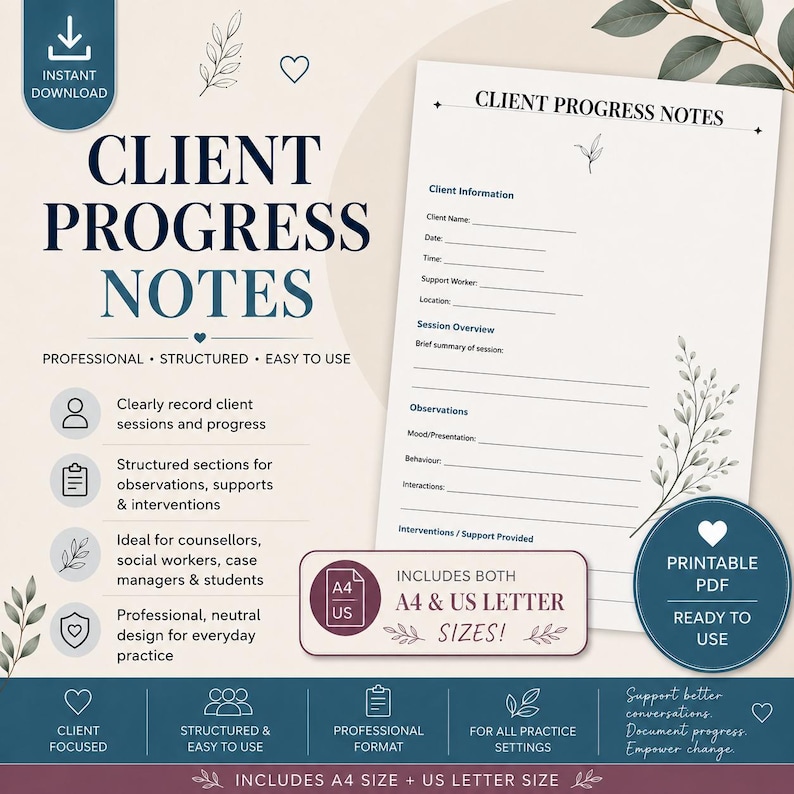 May include: A digital template for client progress notes featuring a clean layout with sections for client information, session overview, observations, mood, behavior, and interventions. The document includes text in dark blue on a light background.