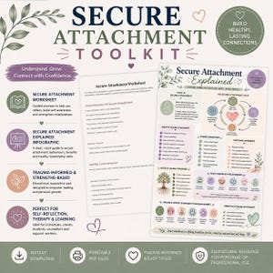 Op de afbeelding: Een Secure Attachment Toolkit met een werkblad en een infographic getiteld Secure Attachment Explained. De documenten bevatten tekst over gezonde relaties en emotionele veiligheid, versierd met botanische illustraties.