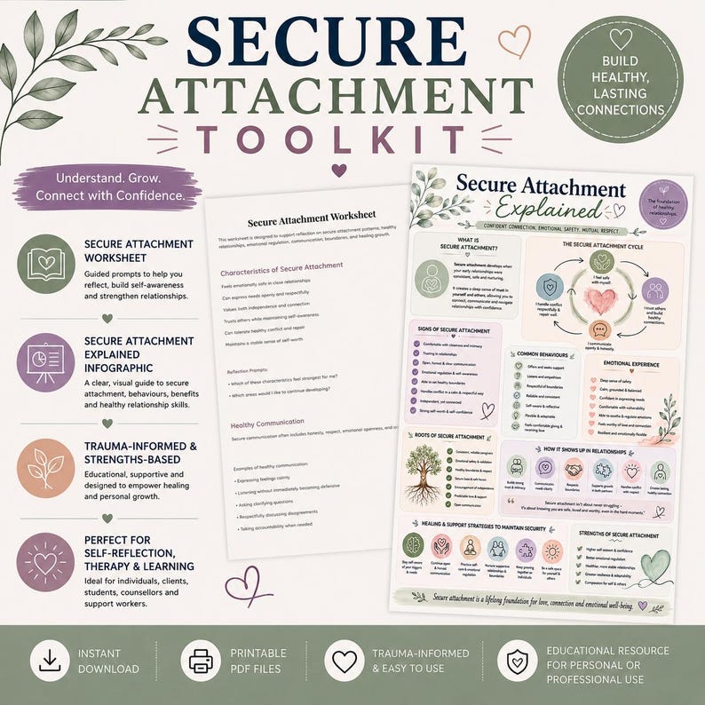 Op de afbeelding: Een Secure Attachment Toolkit met een werkblad en een infographic getiteld Secure Attachment Explained. De documenten bevatten tekst over gezonde relaties en emotionele veiligheid, versierd met botanische illustraties.