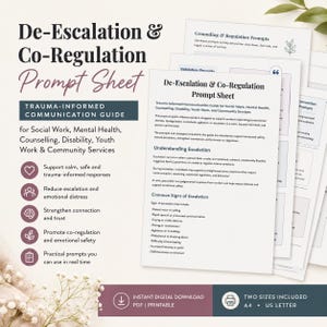 May include: A De-Escalation & Co-Regulation Prompt Sheet document featuring a trauma-informed communication guide for social work and mental health. The white pages contain black text, bullet points, and icons for support, connection, and safety.
