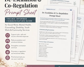 De-Escalation & Co-Regulation Prompt Sheet | Trauma-Informed Communication | Crisis Intervention | Social Work Therapist Tool
