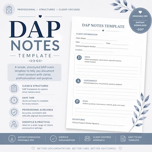 May include: A printable DAP notes template with the title "DAP NOTES TEMPLATE" in navy blue. The template includes sections for client information, data, assessment, and plan. The design is structured and professional, with a focus on clarity and organization.