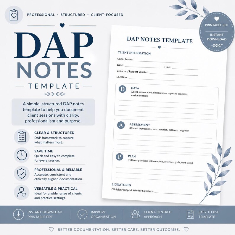 May include: A printable DAP notes template with the title "DAP NOTES TEMPLATE" in navy blue. The template includes sections for client information, data, assessment, and plan. The design is structured and professional, with a focus on clarity and organization.