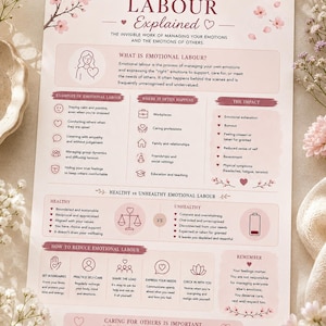 Puede incluir: Una infograf&iacute;a educativa titulada Emotional Labour Explained, que presenta secciones sobre definiciones, ejemplos, impactos y din&aacute;micas saludables frente a las no saludables. El documento incluye iconos, listas y consejos para reducir la carga emocional, sobre un fondo claro con ilustraciones de flores de cerezo rosas.