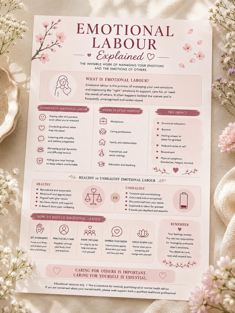 Puede incluir: Una infograf&iacute;a educativa titulada Emotional Labour Explained, que presenta secciones sobre definiciones, ejemplos, impactos y din&aacute;micas saludables frente a las no saludables. El documento incluye iconos, listas y consejos para reducir la carga emocional, sobre un fondo claro con ilustraciones de flores de cerezo rosas.