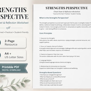 May include: A two-page Strengths Perspective cheat sheet and reflection worksheet in a digital PDF format. The document includes core principles and strengths-based questions, available in A4 and US Letter sizes for printing and professional use.