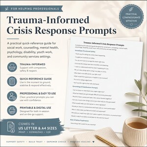 May include: A document titled Trauma-Informed Crisis Response Prompts for helping professionals. It lists phrases for emotional safety, grounding, and risk exploration. The page includes sections for social work, counseling, and mental health settings.