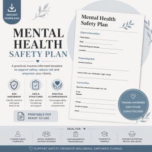 Mental Health Safety Plan Template | Suicide Risk Assessment Form | Counselling & Social Work Printable