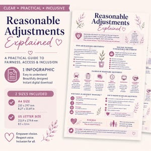 以下が含まれることがあります： 「Reasonable Adjustments Explained」と題されたインフォグラフィックで、公平性、アクセス、インクルージョンに関するガイドです。定義、権利、例、申請プロセスに関するセクションが含まれています。A4およびUSレターサイズで利用可能です。