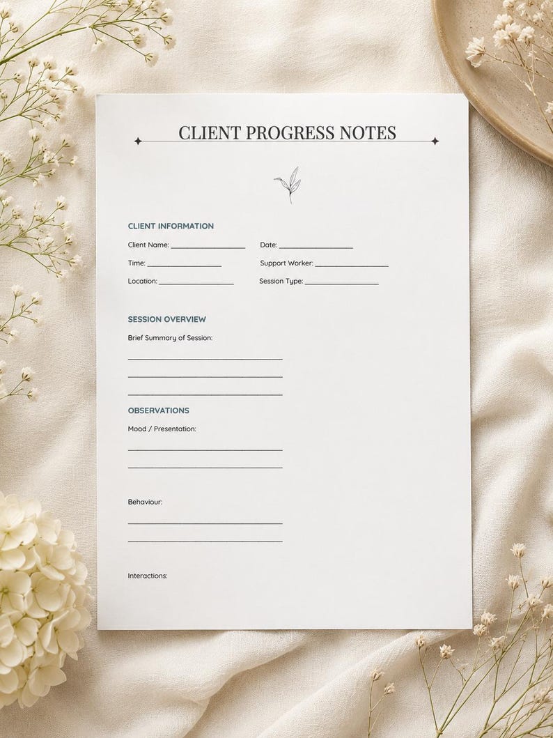 May include: A white paper form titled CLIENT PROGRESS NOTES with black text and a small botanical line drawing. The form includes sections for Client Information, Session Overview, and Observations, with blank lines for writing details.