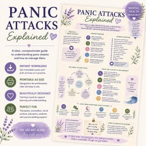 Pu&ograve; includere: Un'infografica educativa intitolata Panic Attacks Explained, che presenta sezioni su fattori scatenanti, sintomi e strategie di gestione. Il documento utilizza una tavolozza di colori tenui con accenti viola, illustrazioni di lavanda e icone.