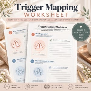 May include: A Trigger Mapping Worksheet printable document featuring sections titled What Triggered Me and What Did I Notice In My Body. The layout includes icons, lined spaces for writing, and text indicating it comes in A4 and US letter sizes.