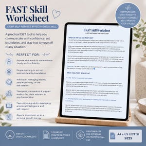 May include: A digital tablet displaying a FAST Skill Worksheet, a DBT self-respect effectiveness tool. The screen shows text explaining the FAST skill, including sections on when to use it and what the acronym stands for, with a blue circular badge.