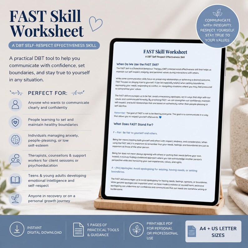 May include: A digital tablet displaying a FAST Skill Worksheet, a DBT self-respect effectiveness tool. The screen shows text explaining the FAST skill, including sections on when to use it and what the acronym stands for, with a blue circular badge.