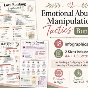 May include: A digital bundle of 18 educational infographics about emotional abuse and manipulation tactics, including Love Bombing, Gaslighting, and Coercive Control. The documents are available in A4 and US Letter sizes for print or digital use.