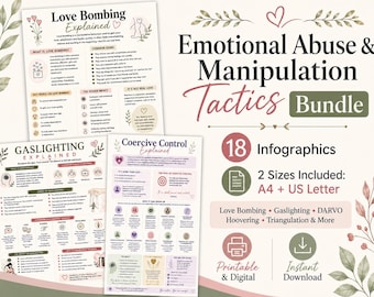 Emotional Abuse & Manipulation Tactics Bundle | Gaslighting, DARVO, Love Bombing, Hoovering, Triangulation | 18 Infographics