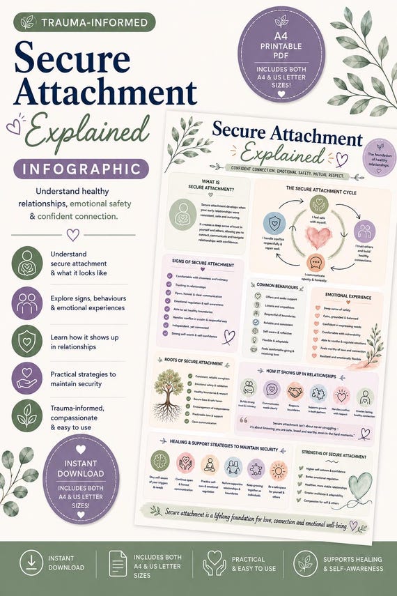 Secure Attachment Explained Infographic | Healthy Relationships & Emotional Safety PDF | Trauma-Informed Attachment Style Printable