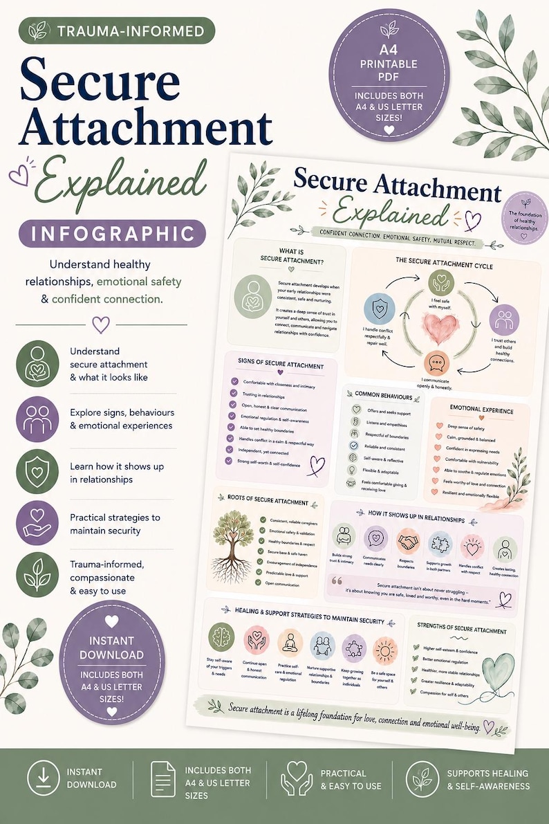 Infografía sobre el apego seguro / PDF sobre relaciones saludables y seguridad emocional / Versión imprimible sobre el estilo de apego informado sobre el trauma imagen 1
