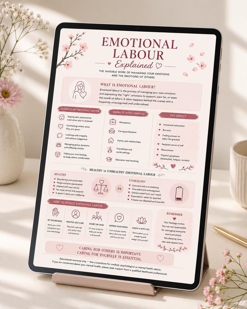 Puede incluir: Una pantalla de tableta que muestra una infograf&iacute;a educativa titulada Emotional Labour Explained. El dise&ntilde;o presenta una paleta de colores rosa suave con ilustraciones de flores de cerezo, definiendo el trabajo emocional y sus efectos.