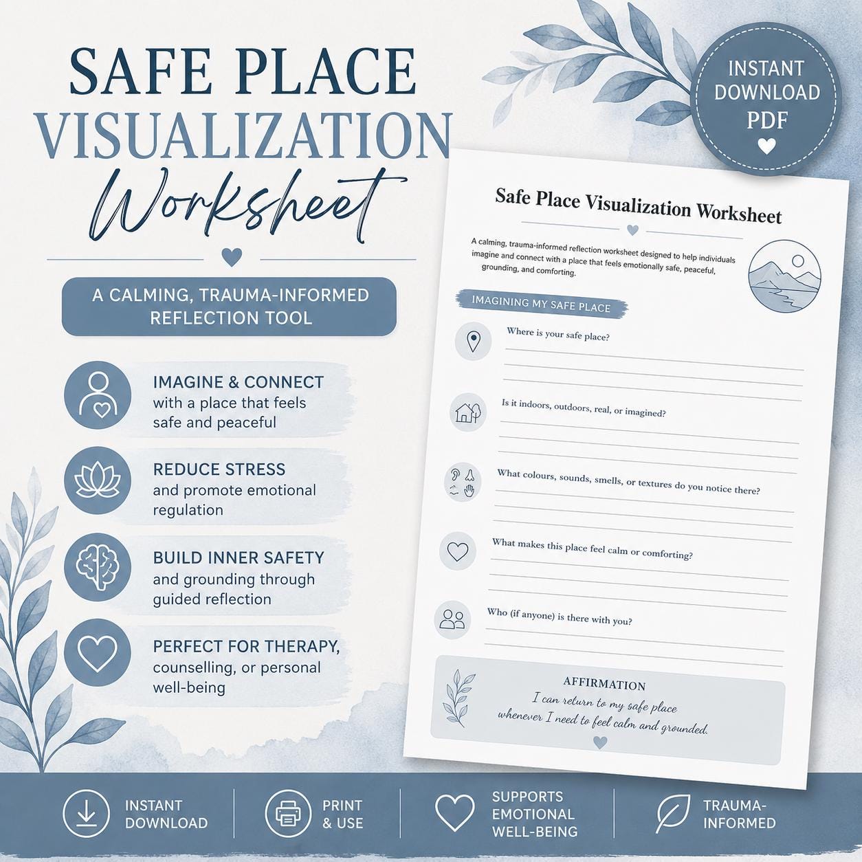 Safe Space Worksheet.pdf Safe Place Visualization Worksheet | Trauma-informed Grounding Tool ...
