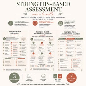 Puede incluir: Un mini paquete de evaluación basada en fortalezas con tres infografías tituladas Strengths-Based Assessment Explained, Questions y Documentation Examples, disponible en tamaños A4 y US Letter.
