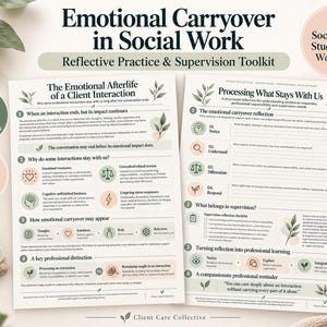 May include: Two printed pages titled Emotional Carryover in Social Work and Processing What Stays With Us. The documents feature structured sections, numbered lists, and icons related to reflective practice, supervision, and professional development.